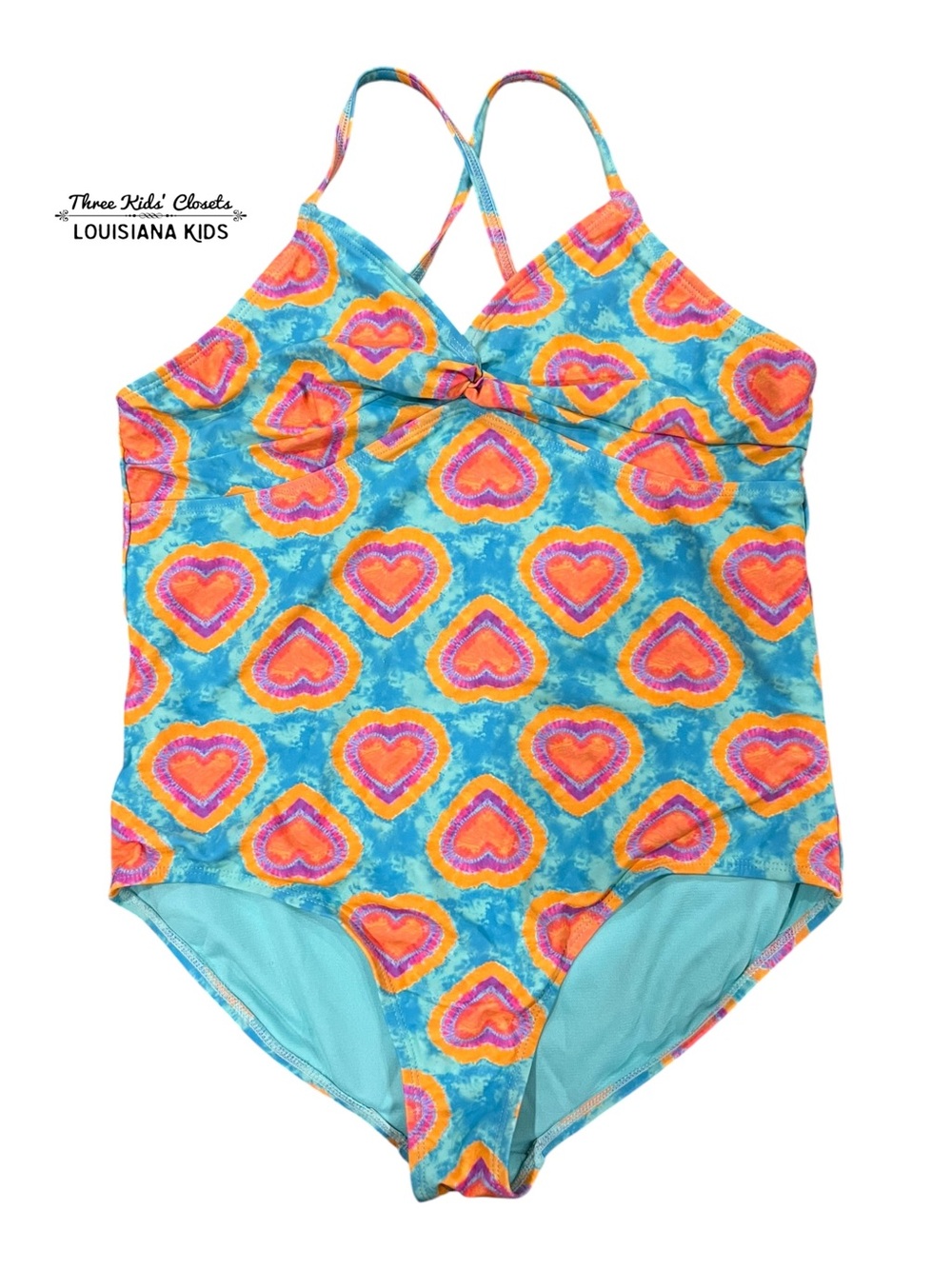 Lands’ End XL (14/16) Blue & Orange Heart Print Girls One-Piece Swimsuit